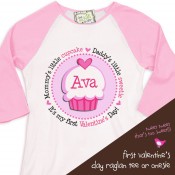 personalized it's my first valentine's day pink/white 3/4 raglan - mommy's little cupcake, daddy's little sweetie - it's my first valentine's day